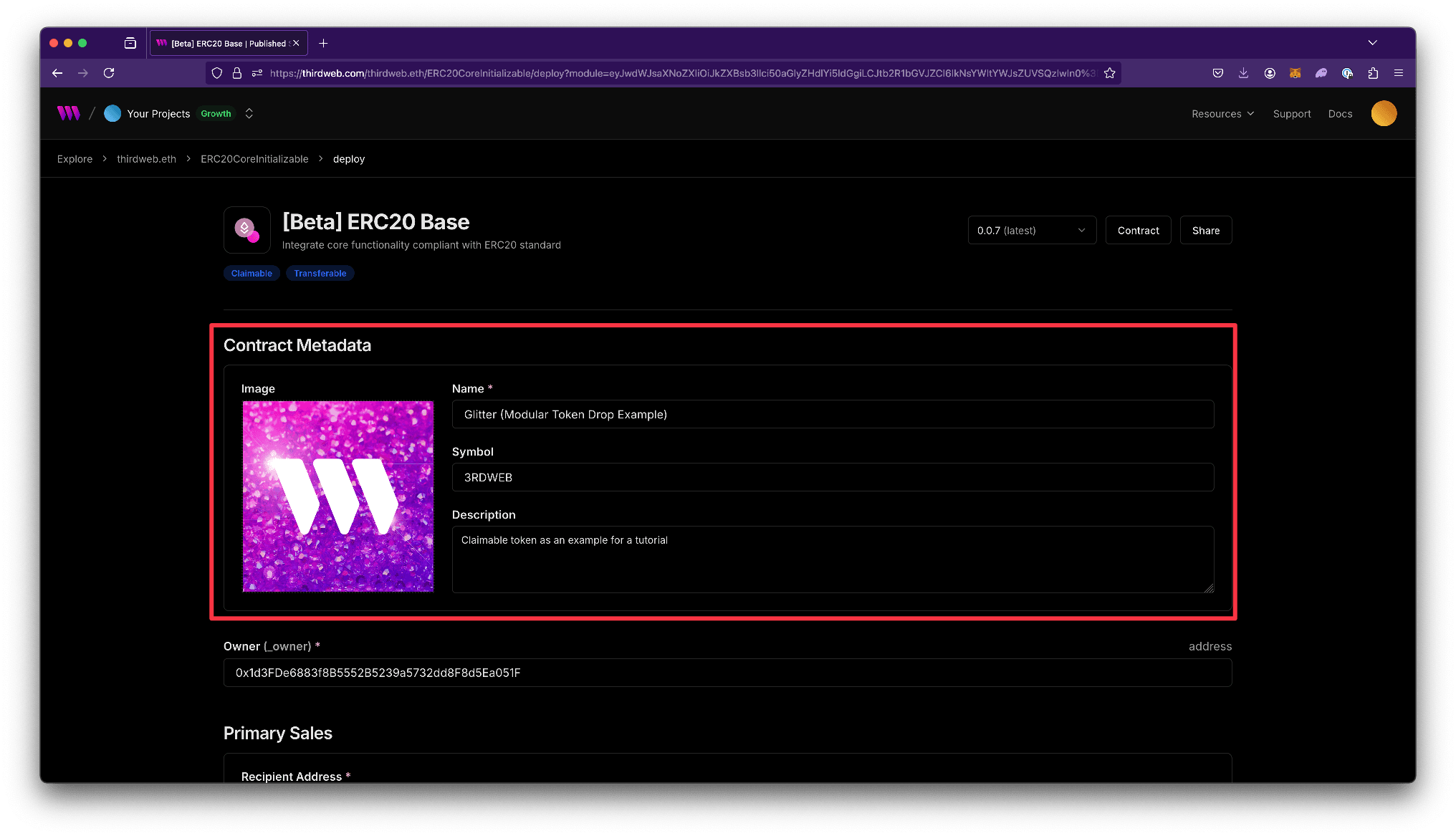 Screenshot of Token Drop configure metadata